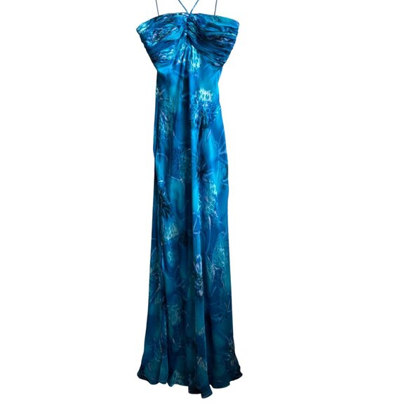 Y2K Vintage Cache Silk Floral Gown dress Blue Criss Cross Halter Size 6 - Picture 4 of 8